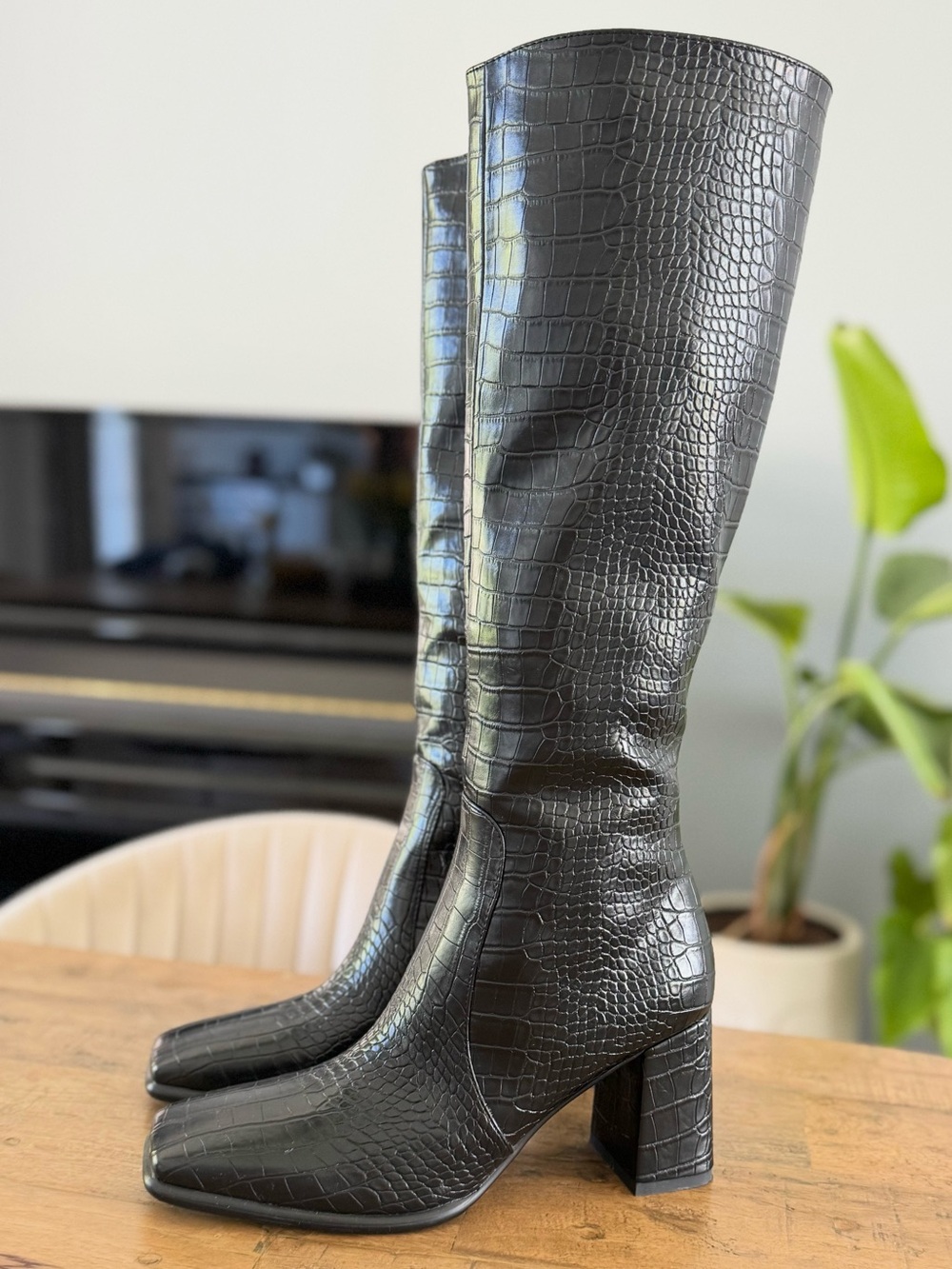 Black Croc-Embossed Knee-High Block Heel Boots